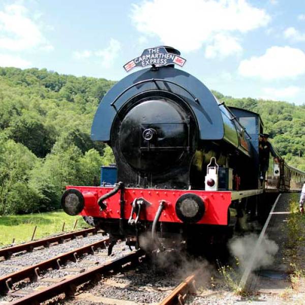 a train engine carrying carts down a track