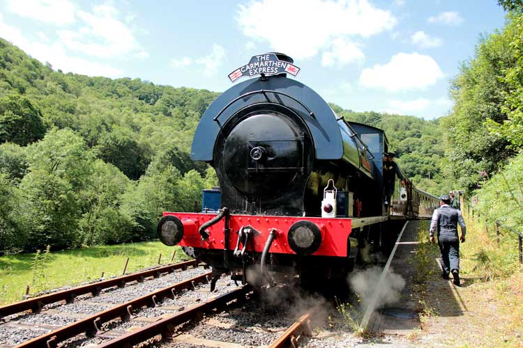 a train engine carrying carts down a track