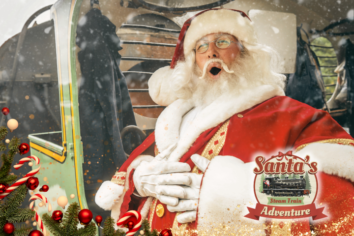 Santa Claus in train with snowy background, Christmas decor, and 'Santa's Steam Train Adventure' logo.