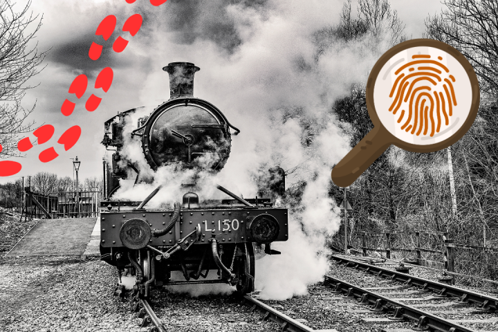 Steam train on tracks with red footprints and fingerprint under magnifying glass.