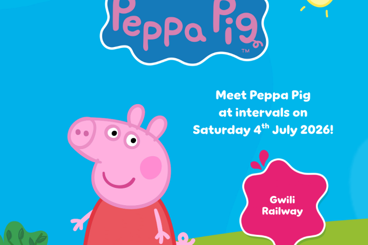 Peppa Pig illustration with event details for 4th July 2026 at Gwili Railway.