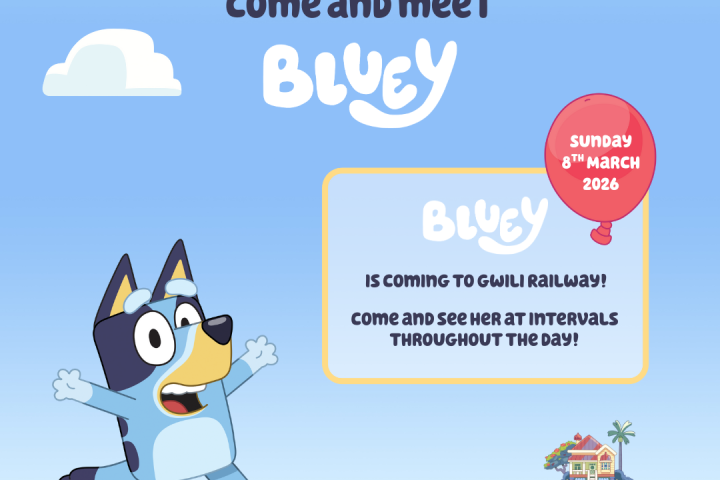Illustration of Bluey jumping with text about meeting her at Gwili Railway on March 8, 2026.