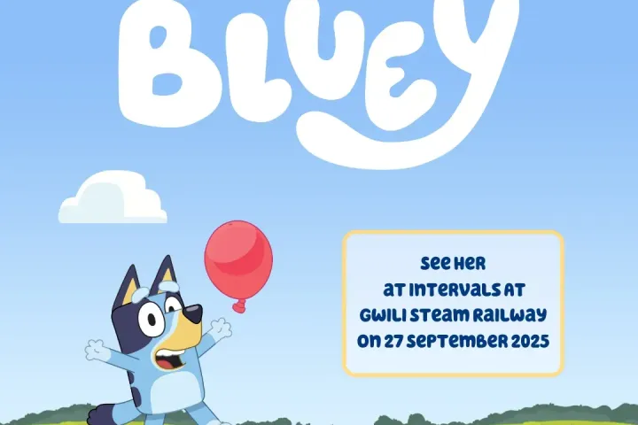 Cartoon dog Bluey jumping with balloon, text promoting event on 27 Sept 2025 at Gwili Steam Railway.
