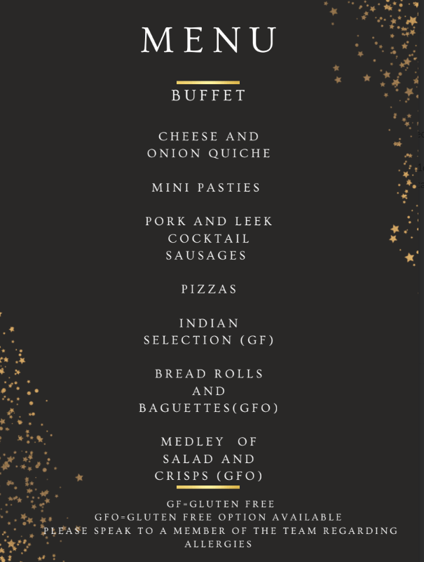 Buffet menu with star design, featuring options like quiche, pastries, sausages, pizzas, and gluten-free selections.